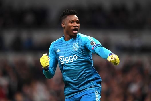 LONDON, ENGLAND - APRIL 30:  Andre Onana of Ajax celebrates as Donny van de Beek scores his team's first goal during the UEFA Champions League Semi Final first leg match between Tottenham Hotspur and Ajax at at the Tottenham Hotspur Stadium on April 30, 2019 in London, England. (Photo by Shaun Botterill/Getty Images) 