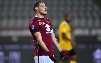  TURIN, ITALY - DECEMBER 12: Andrea Belotti of Torino F.C. reacts during the Serie A match between Torino FC and Udinese Calcio at Stadio Olimpico di Torino on December 12, 2020 in Turin, Italy. Sporting stadiums around Italy remain under strict restrictions due to the Coronavirus Pandemic as Government social distancing laws prohibit fans inside venues resulting in games being played behind closed doors. (Photo by Valerio Pennicino/Getty Images)