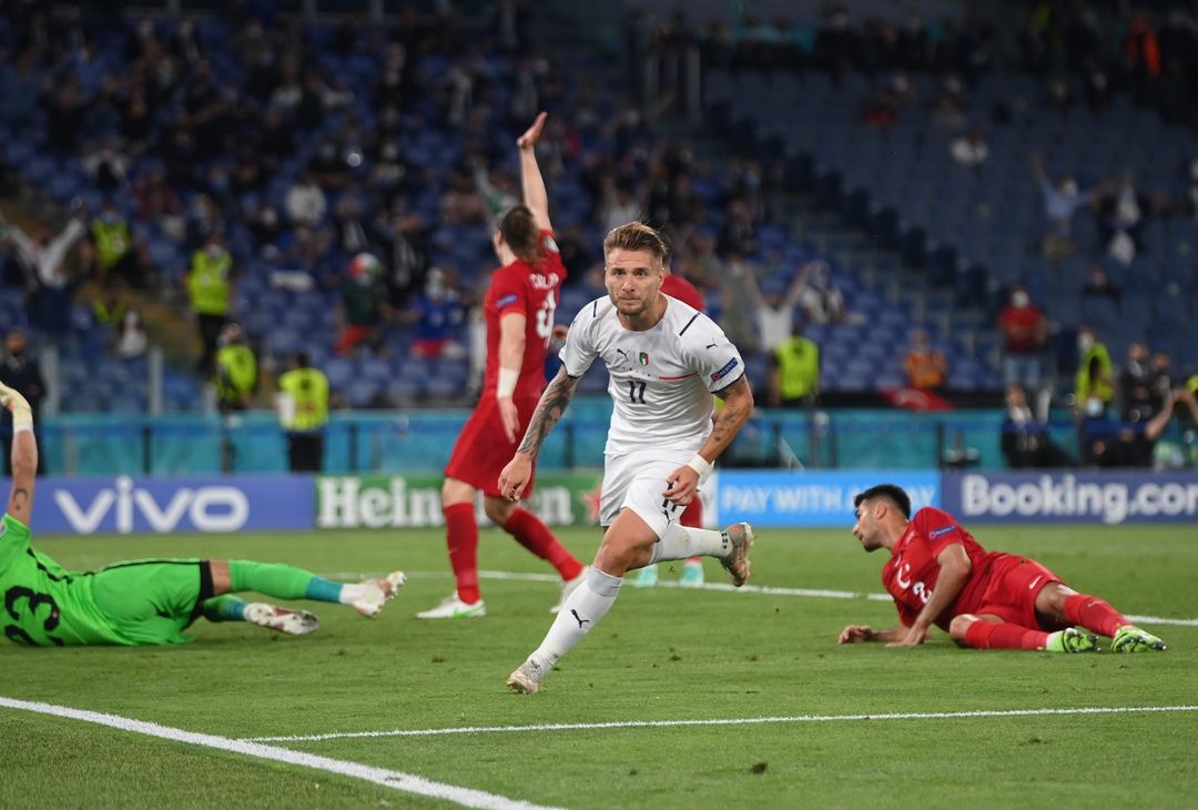  ROME, ITALY - JUNE 11: Ciro Immobile of Italy celebrates after scoring their side's second goal during the UEFA Euro 2020 Championship Group A match between Turkey and Italy at the Stadio Olimpico on June 11, 2021 in Rome, Italy. (Photo by Mike Hewitt/Getty Images) 