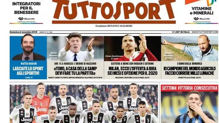 Prima Pagina, Tuttosport: &#8220;Mai così Juve! Milan, ecco l&#8217;offerta a Ibra. Interissima. Juric rischia grosso&#8230;&#8221;