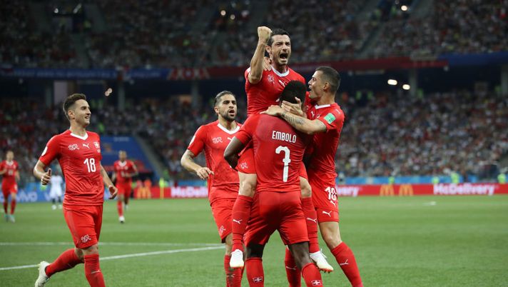 NIZHNY NOVGOROD, RUSSIA - JUNE 27: Blerim Dzemaili of Switzerland celebrates with teammates after scoring his team's first goal during the 2018 FIFA World Cup Russia group E match between Switzerland and Costa Rica at Nizhny Novgorod Stadium on June 27, 2018 in Nizhny Novgorod, Russia. (Photo by Clive Brunskill/Getty Images) NIZHNY NOVGOROD, RUSSIA - JUNE 27: Blerim Dzemaili of Switzerland celebrates with teammates after scoring his team's first goal during the 2018 FIFA World Cup Russia group E match between Switzerland and Costa Rica at Nizhny Novgorod Stadium on June 27, 2018 in Nizhny Novgorod, Russia. (Photo by Clive Brunskill/Getty Images)