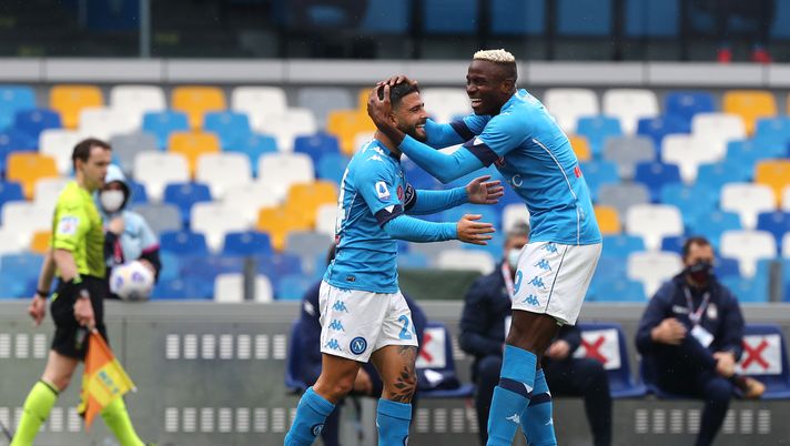NAPLES, ITALY - APRIL 03: Lorenzo Insigne of SSC Napoli celebrates with team mate Victor Osimhen after scoring their side's first goal during the Serie A match between SSC Napoli and FC Crotone at Stadio Diego Armando Maradona on April 03, 2021 in Naples, Italy. Sporting stadiums around Italy remain under strict restrictions due to the Coronavirus Pandemic as Government social distancing laws prohibit fans inside venues resulting in games being played behind closed doors. (Photo by Francesco Pecoraro/Getty Images) NAPLES, ITALY - APRIL 03: Lorenzo Insigne of SSC Napoli celebrates with team mate Victor Osimhen after scoring their side's first goal during the Serie A match between SSC Napoli and FC Crotone at Stadio Diego Armando Maradona on April 03, 2021 in Naples, Italy. Sporting stadiums around Italy remain under strict restrictions due to the Coronavirus Pandemic as Government social distancing laws prohibit fans inside venues resulting in games being played behind closed doors. (Photo by Francesco Pecoraro/Getty Images)