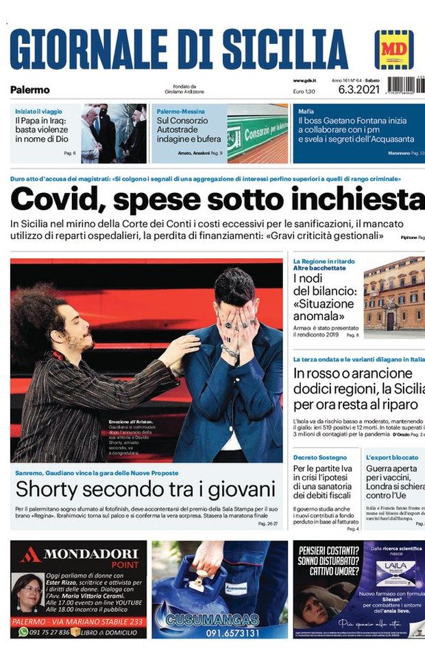 Prima Pagina, Giornale di Sicilia: &#8220;Covid, spese sotto inchiesta. Sanremo, Shorty secondo tra i giovani&#8221; 