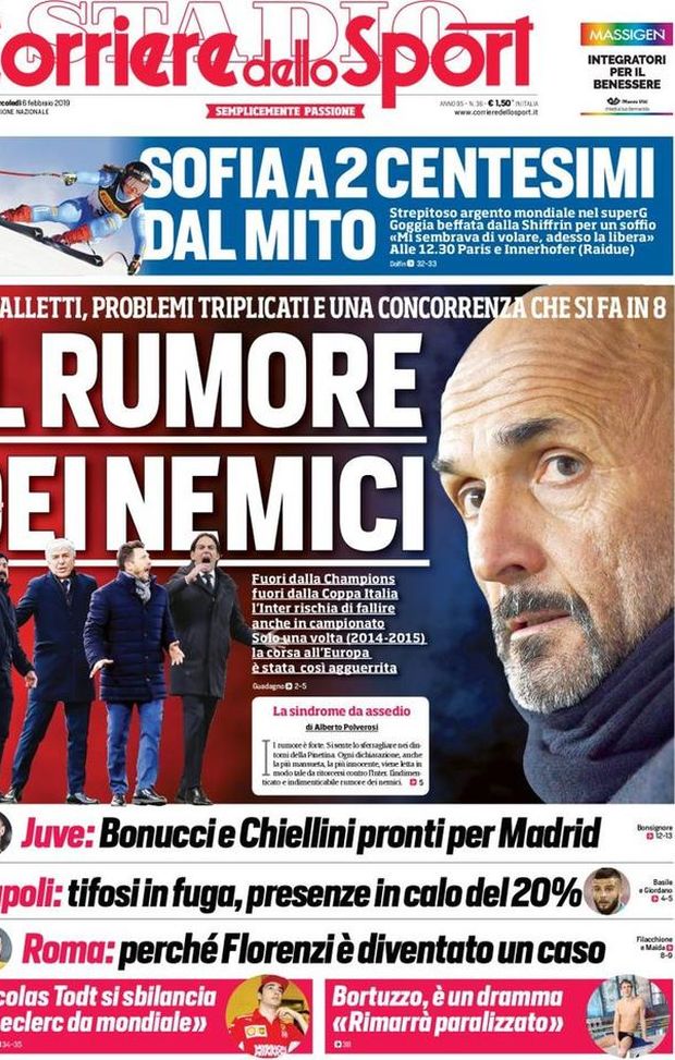Prima Pagina, Corriere dello Sport: “Il rumore dei nemici. Bonucci e Chiellini pronti per Madrid. Napoli, tifosi in fuga…” Prima Pagina, Corriere dello Sport: “Il rumore dei nemici. Bonucci e Chiellini pronti per Madrid. Napoli, tifosi in fuga…”
