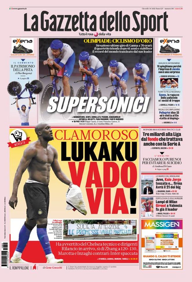 Prima Pagina, La Gazzetta dello Sport: “Clamoroso Lukaku: Vado via!” Prima Pagina, La Gazzetta dello Sport: “Clamoroso Lukaku: Vado via!”
