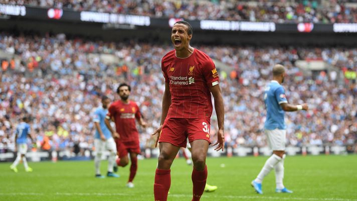 LONDON, ENGLAND - AUGUST 04: Joel Matip of Liverpool celebrates after scoring his team's first goal during the FA Community Shield match between Liverpool and Manchester City at Wembley Stadium on August 04, 2019 in London, England. (Photo by Michael Regan/Getty Images) 