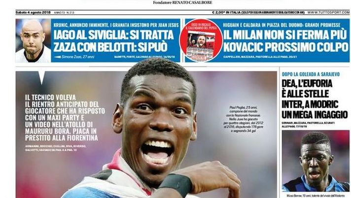 Prima Pagina, Tuttosport: “Festa Pogba per la Juve. Zaza con Belotti, si può. Il Milan non si ferma più. Inter, a Modric…” Prima Pagina, Tuttosport: “Festa Pogba per la Juve. Zaza con Belotti, si può. Il Milan non si ferma più. Inter, a Modric…”