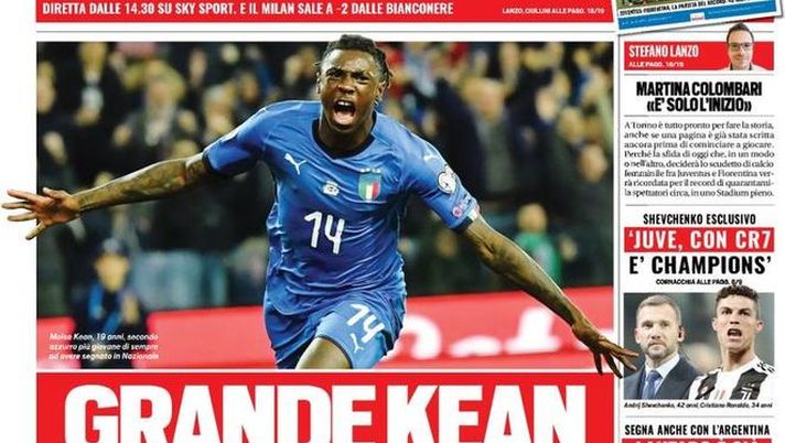 Prima Pagina, Tuttosport: “Grande Kean, grande Italia. Lautaro è già il dopo Icardi. Napoli su De Paul” Prima Pagina, Tuttosport: “Grande Kean, grande Italia. Lautaro è già il dopo Icardi. Napoli su De Paul”
