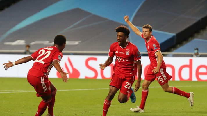 LISBON, PORTUGAL - AUGUST 23: Kingsley Coman of FC Bayern Munich celebrates after scoring his team's first goal during the UEFA Champions League Final match between Paris Saint-Germain and Bayern Munich at Estadio do Sport Lisboa e Benfica on August 23, 2020 in Lisbon, Portugal. (Photo by Miguel A. Lopes/Pool via Getty Images) LISBON, PORTUGAL - AUGUST 23: Kingsley Coman of FC Bayern Munich celebrates after scoring his team's first goal during the UEFA Champions League Final match between Paris Saint-Germain and Bayern Munich at Estadio do Sport Lisboa e Benfica on August 23, 2020 in Lisbon, Portugal. (Photo by Miguel A. Lopes/Pool via Getty Images)
