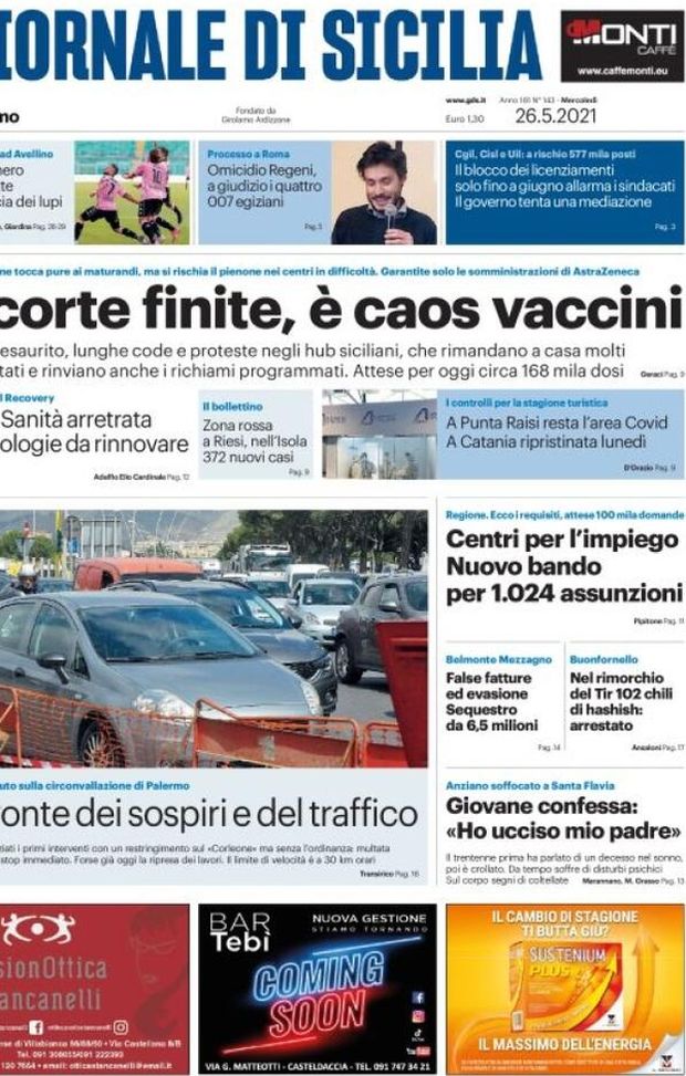 Prima Pagina, Giornale di Sicilia: “Rosanero stanotte a caccia dei lupi. Scorte finite, è caos vaccini”  Prima Pagina, Giornale di Sicilia: “Rosanero stanotte a caccia dei lupi. Scorte finite, è caos vaccini”
