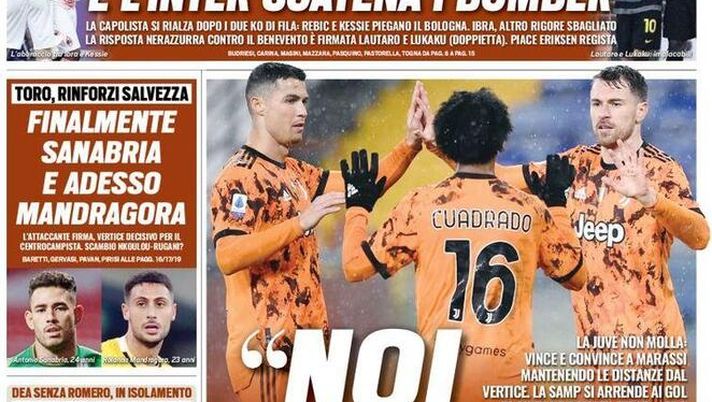 Prima Pagina, Tuttosport: “La capolista rialza la testa, l’Inter scatena i bomber. Svolta in casa Spezia” 