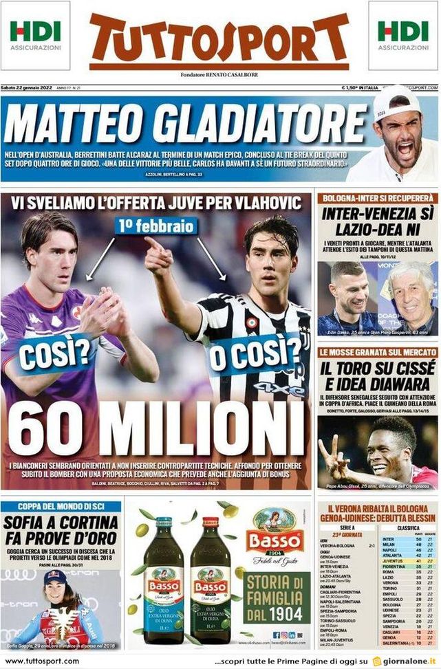 Tuttosport, la prima pagina di oggi, sabato 22 gennaio 2022