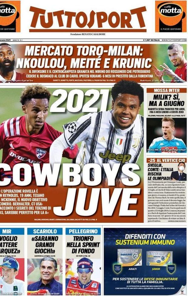 La prima pagina di Tuttosport, in edicola oggi, 2 gennaio 2021 