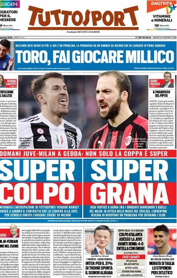 Prima Pagina, Tuttosport: “Super colpo, super grana. Inter, spunta Alibaba. Avanti Roma…” Prima Pagina, Tuttosport: “Super colpo, super grana. Inter, spunta Alibaba. Avanti Roma…”