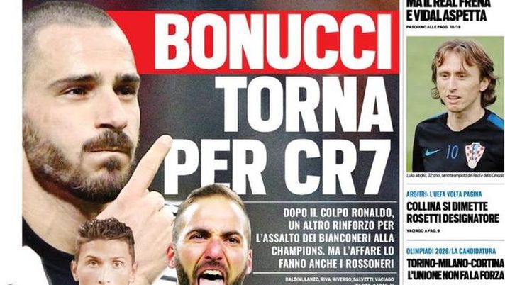 Prima Pagina, Tuttosport: “Bonucci torna per CR7. L’Inter su Modric, Vidal aspetta. L’Uefa volta pagina…”  Prima Pagina, Tuttosport: “Bonucci torna per CR7. L’Inter su Modric, Vidal aspetta. L’Uefa volta pagina…”
