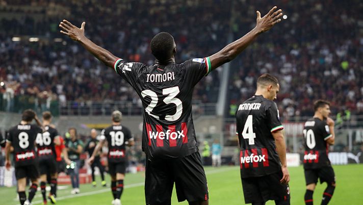 MILAN, ITALY - OCTOBER 08: Fikayo Tomori of AC Milan celebrates scoring their side's first goal during the Serie A match between AC Milan and Juventus at Stadio Giuseppe Meazza on October 08, 2022 in Milan, Italy. (Photo by Marco Luzzani/Getty Images) MILAN-JUVENTUS 2-0