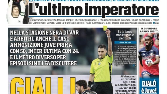 EDICOLA TS – Gialli di imbarazzo: Juventus prima con 50 ammonizioni, Inter ultima con 24 - immagine 1