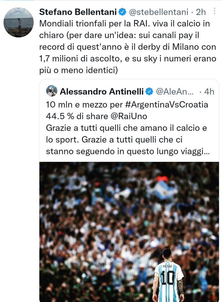 Il derby degli ascolti tv fra chiaro e pay: Argentina-Croazia stacca Milan-Inter- immagine 2
