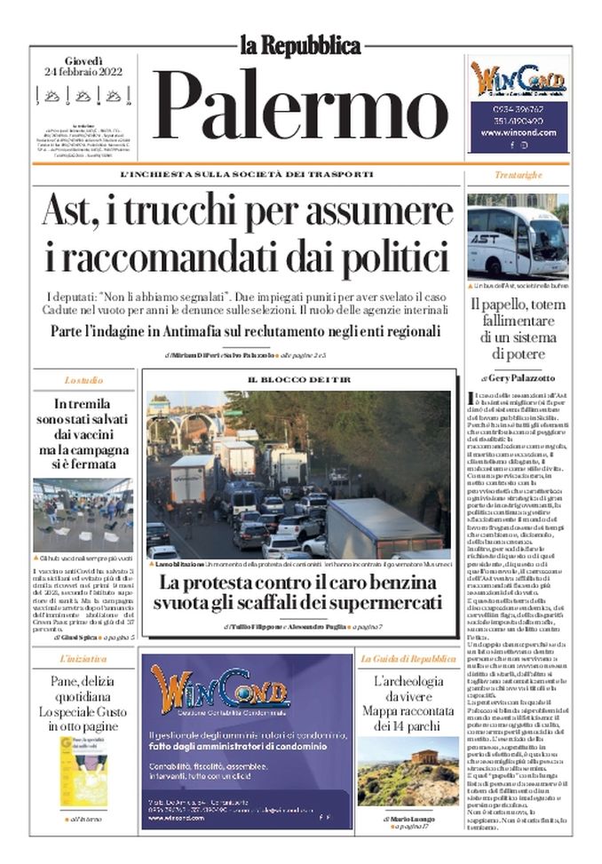 Prima Pagina, La Repubblica-Palermo: “Ast, i trucchi per assumere i raccomandati dai politici” Prima Pagina, La Repubblica-Palermo: “Ast, i trucchi per assumere i raccomandati dai politici” - immagine 1