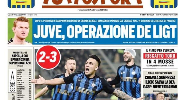 Prima Pagina, Tuttosport: “Inter! Juve, operazione De Ligt. Napoli, 4 gol e paura Ospina. Supershow Lazio” 