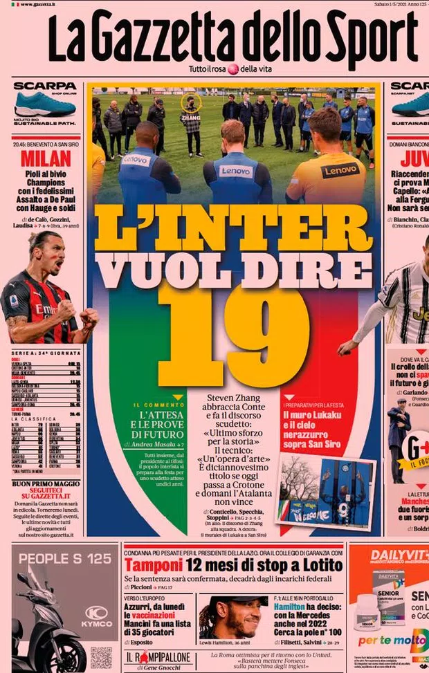  La prima pagina de 'La Gazzetta dello Sport', in edicola oggi 1 maggio 2021