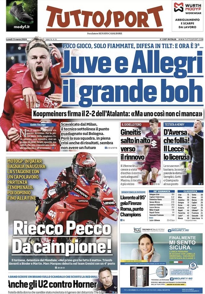 Tuttosport, la prima pagina di oggi, lunedì 11 marzo 2024 Tuttosport