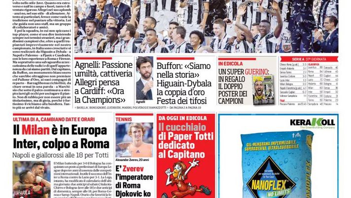 Prima Pagina, Corriere dello Sport: “Le6end. Juve campione d’Italia, è record. Milan e Inter…” Prima Pagina, Corriere dello Sport: “Le6end. Juve campione d’Italia, è record. Milan e Inter…”