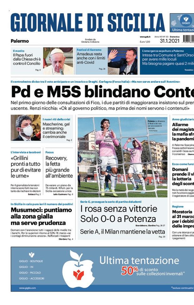 Prima Pagina, Giornale di Sicilia: “Pd e M5S blindano Conte. Palermo, rosa deludenti: solo 0-0 a Potenza” 
