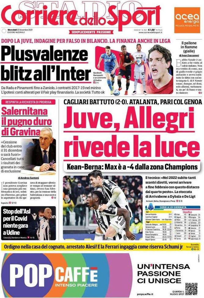 Il Corriere dello Sport, la prima pagina di oggi, mercoledì 22 dicembre 2021