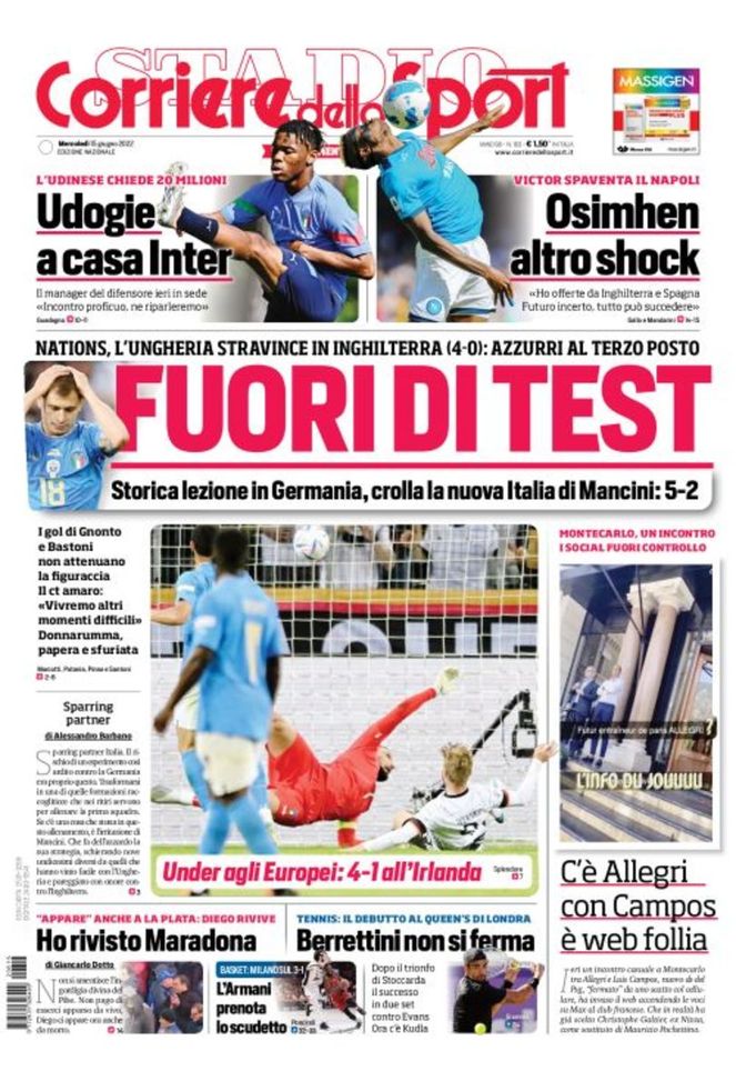 Il Corriere dello Sport, la prima pagina di oggi, mercoledì 15 giugno 2022