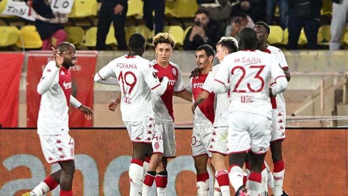 MONACO, MONACO - FEBRUARY 23: Wissam Ben Yedder of AS Monaco celebrates with teammates after scoring the team's first goal from a penalty kick during the UEFA Europa League knockout round play-off leg two match between AS Monaco and Bayer 04 Leverkusen at Stade Louis II on February 23, 2023 in Monaco, Monaco. (Photo by Chris Ricco/Getty Images) Bayer Leverkusen