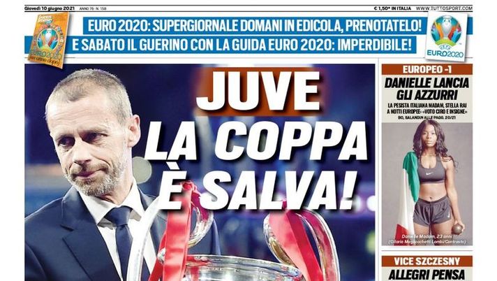 Prima Pagina, Tuttosport: “Juve, la Coppa è salva! Allegri pensa a Sirigu. Paredes per Hakimi” 
