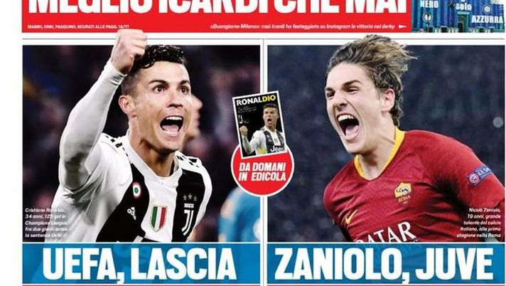 Prima Pagina, Tuttosport: “Uefa, lascia stare CR7! Zaniolo, Juve in prima fila. Meglio Icardi che mai”  Prima Pagina, Tuttosport: “Uefa, lascia stare CR7! Zaniolo, Juve in prima fila. Meglio Icardi che mai”