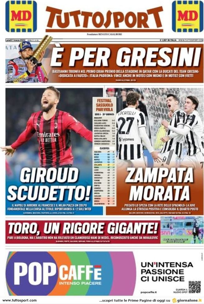 Tuttosport, la prima pagina di oggi, lunedì 7 marzo 2022