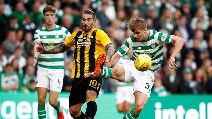 GLASGOW, SCOTLAND - AUGUST 08: Marko Livaja of AEK Athens (L) and Kristoffer Ajer of Celtic compete for the ball during the UEFA Champions League Qualifier between Celtic and AEK Athens at Celtic Park Stadium on August 8, 2018 in Glasgow, Scotland. (Photo by Julian Finney/Getty Images) GLASGOW, SCOTLAND - AUGUST 08: Marko Livaja of AEK Athens (L) and Kristoffer Ajer of Celtic compete for the ball during the UEFA Champions League Qualifier between Celtic and AEK Athens at Celtic Park Stadium on August 8, 2018 in Glasgow, Scotland. (Photo by Julian Finney/Getty Images)