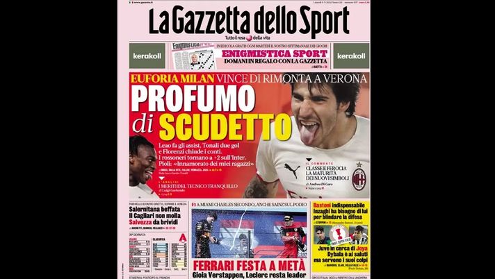 Prima Pagina, La Gazzetta dello Sport: “Euforia Milan… Profumo di scudetto”  Prima Pagina