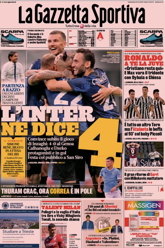 Prima Pagina, Gazzetta dello Sport: “L’Inter ne dice 4. CR7, a te la Juventus” 