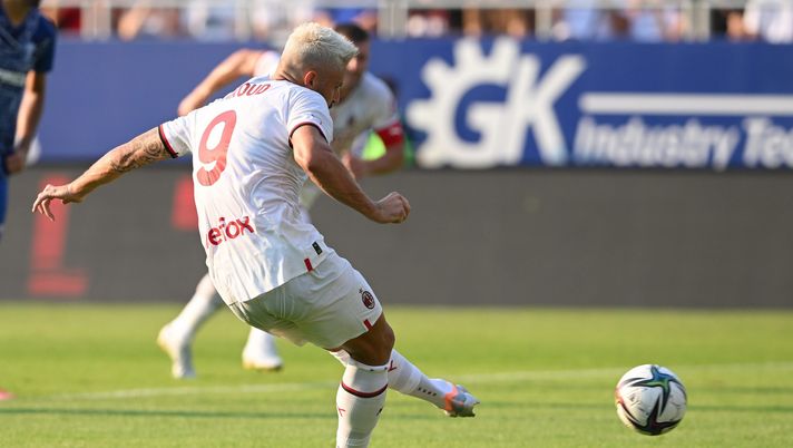 ZALAEGERSZEG, HUNGARY - JULY 23: Olivier Giroud of AC Milan takes a penalty kick during the Pre-season Friendly match between Zalaegerszegi TE and AC Milan on July 23, 2022 in Zalaegerszeg, Hungary. (Photo by Claudio Villa/AC Milan via Getty Images)