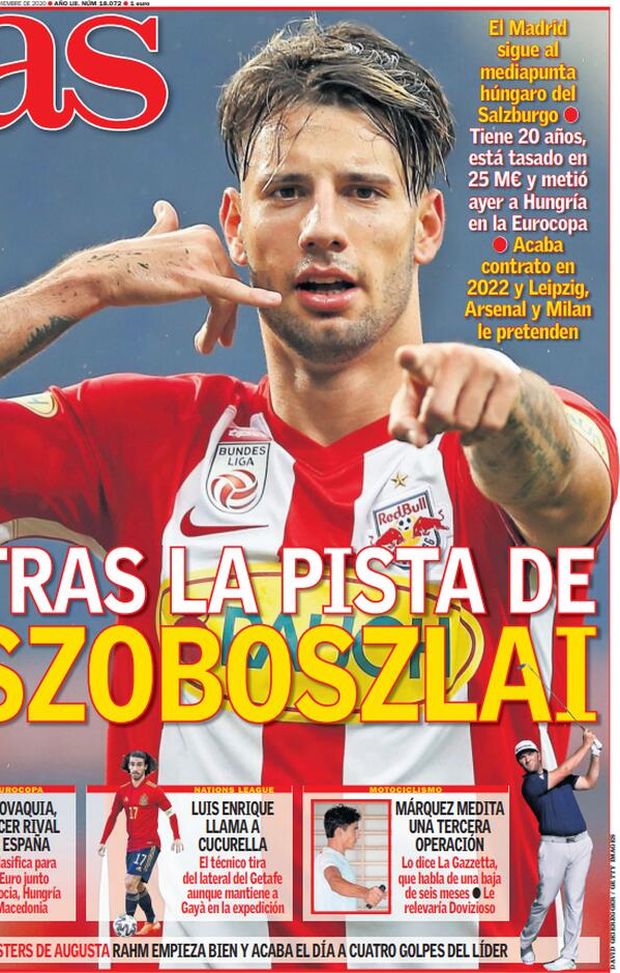 'AS', la prima pagina di oggi, venerdì 13 novembre 2020, su Dominik Szoboszlai, obiettivo di calciomercato anche del Milan 'AS', la prima pagina di oggi, venerdì 13 novembre 2020, su Dominik Szoboszlai, obiettivo di calciomercato anche del Milan