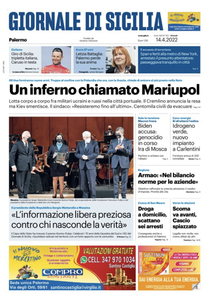 Prima Pagina, Giornale di Sicilia: “Un inferno chiamato Mariupol” prima pagina