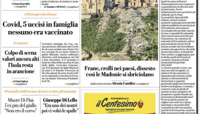 Prima Pagina, La Repubblica-Palermo: “Piovono 25 miliardi, Sicilia senza progetti”  prima pagina