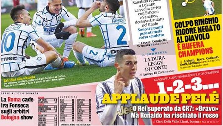 Cin cin InterPrima Pagina, La Gazzetta dello Sport: “Cin cin Inter. Colpo Ringhio, rigore negato al Milan” 