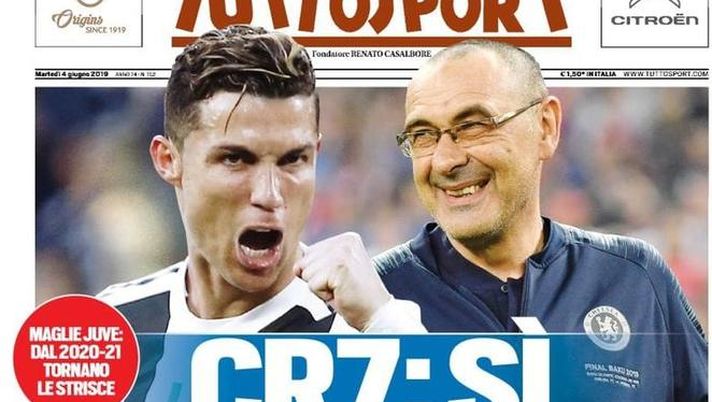 Prima Pagina, Tuttosport: “CR7: sì a Sarri. Spalletti per la Fiorentina. Azzurre, il mondo vi guarda!”  Prima Pagina, Tuttosport: “CR7: sì a Sarri. Spalletti per la Fiorentina. Azzurre, il mondo vi guarda!”