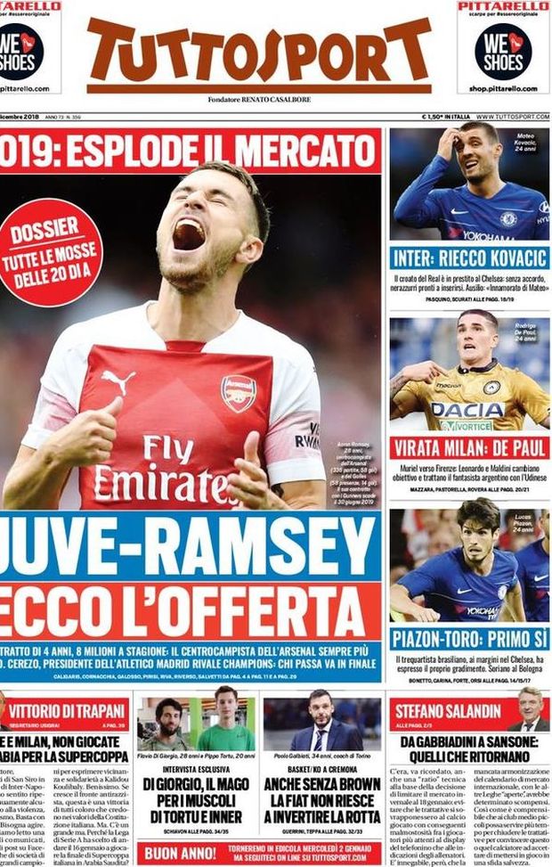 Prima Pagina, Tuttosport: “Juve-Ramsey, ecco l’offerta. Inter, riecco Kovacic. Virata Milan, De Paul. Piazon-Toro…” Prima Pagina, Tuttosport: “Juve-Ramsey, ecco l’offerta. Inter, riecco Kovacic. Virata Milan, De Paul. Piazon-Toro…”