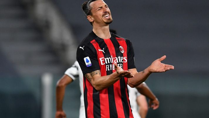 TURIN, ITALY - MAY 09: Zlatan Ibrahimovic of A.C. Milan reacts during the Serie A match between Juventus and AC Milan at on May 09, 2021 in Turin, Italy. Sporting stadiums around Italy remain under strict restrictions due to the Coronavirus Pandemic as Government social distancing laws prohibit fans inside venues resulting in games being played behind closed doors. (Photo by Valerio Pennicino/Getty Images) TURIN, ITALY - MAY 09: Zlatan Ibrahimovic of A.C. Milan reacts during the Serie A match between Juventus and AC Milan at on May 09, 2021 in Turin, Italy. Sporting stadiums around Italy remain under strict restrictions due to the Coronavirus Pandemic as Government social distancing laws prohibit fans inside venues resulting in games being played behind closed doors. (Photo by Valerio Pennicino/Getty Images)