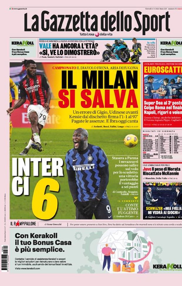 Prima Pagina, La Gazzetta dello Sport: “Il Milan si salva. Inter, ci 6? Super Dea al 3° posto” 
