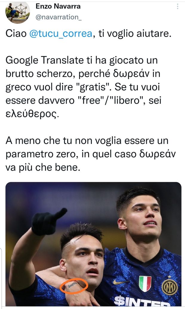 Tatuaggi, il Tucu Correa ripassi il greco: tra “gratis” e “libero” c’è differenza…- immagine 2