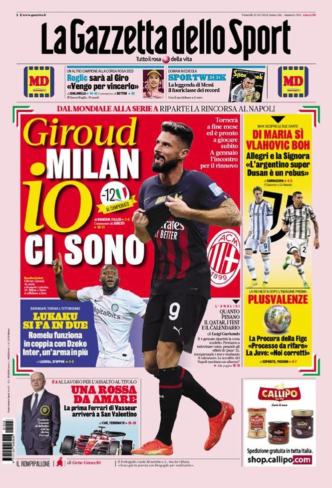 La Gazzetta dello Sport, la prima pagina di oggi, venerdì 23 dicembre 2022