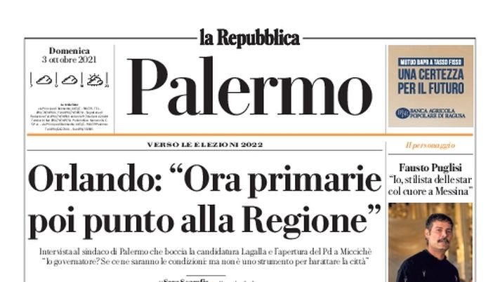 Prima Pagina La Repubblica-Palermo, Orlando: “Ora primarie, poi punto alla Regione” Prima Pagina La Repubblica-Palermo, Orlando: “Ora primarie, poi punto alla Regione” - immagine 1