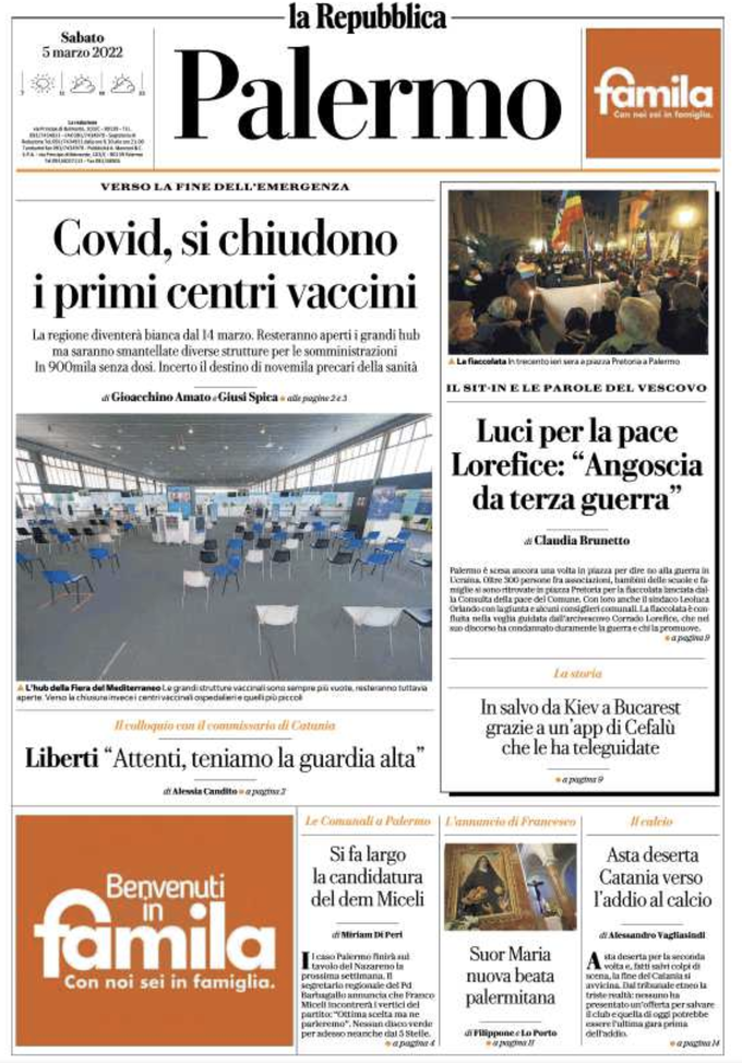 Prima Pagina, La Repubblica-Palermo: “Covid, si chiudono i primi centri vaccini”  prima pagina